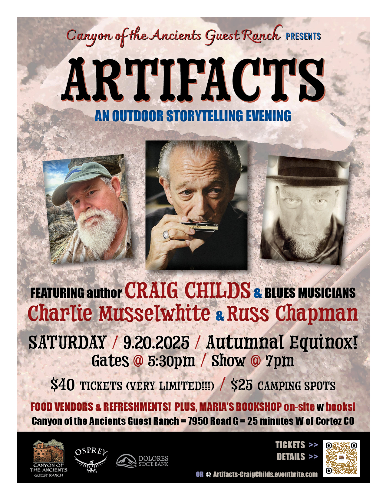 Craig Childs "Artifacts" - Story Telling & Blues Music event on Sept. 20 Canyon of The Ancients Guest Ranch, Cortez, CO