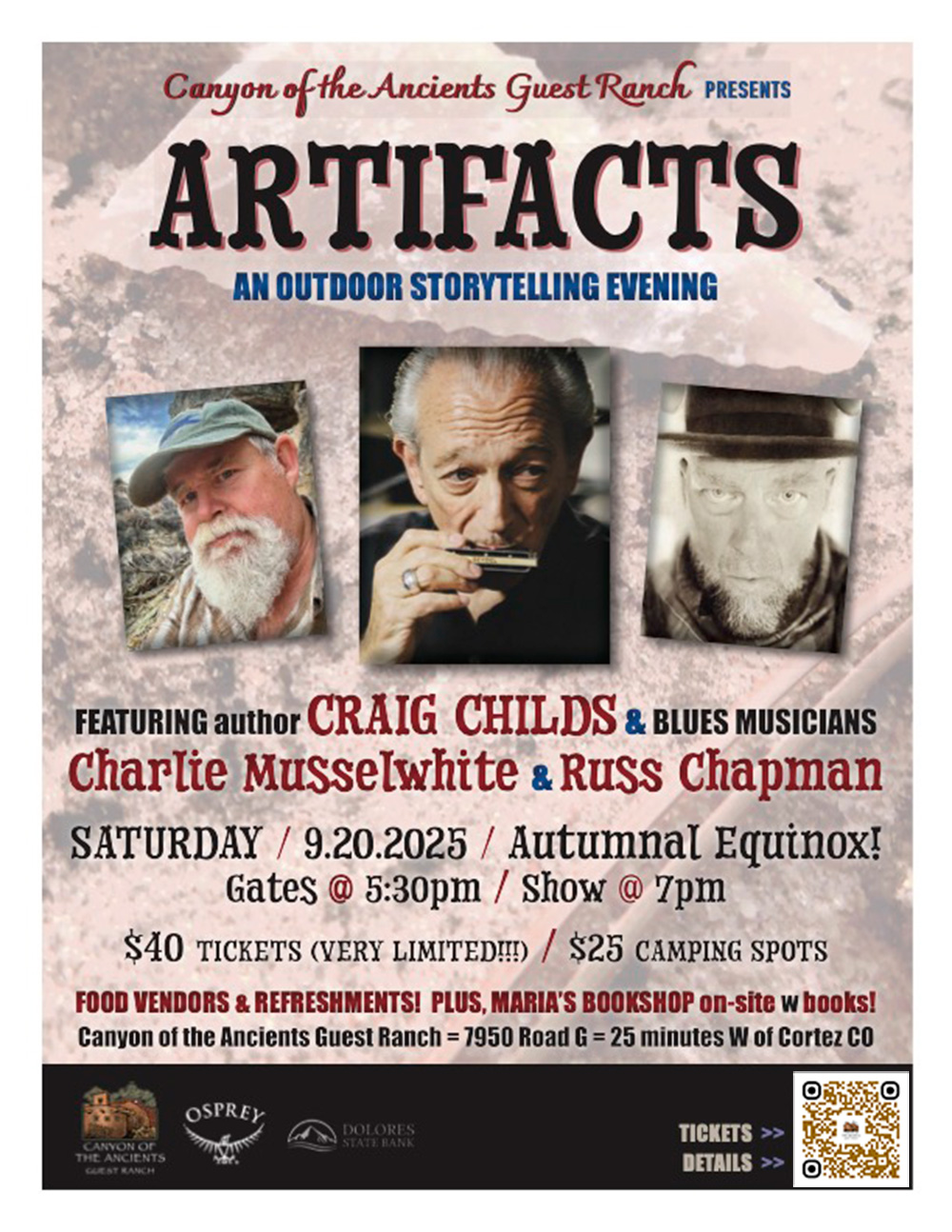 Craig Childs "Artifacts" - Story Telling & Blues Music event on Sept. 20 Canyon of The Ancients Guest Ranch, Cortez, CO